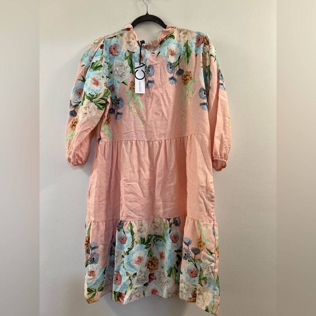Cristina Vergani Pink Floral Linen Blend Dress With Pockets 3/4 Sleeve Xx.